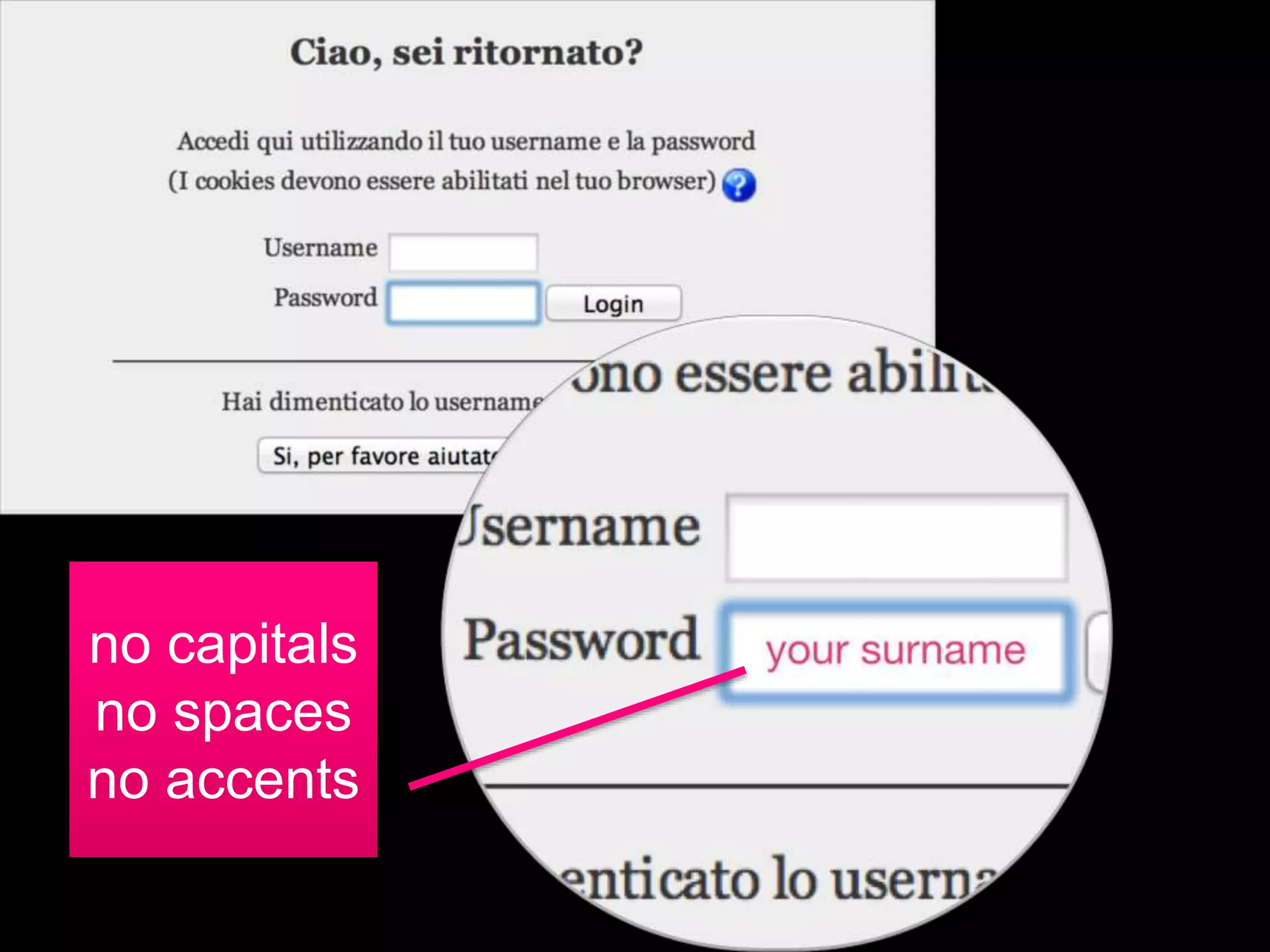 no capitals
no spaces
no accents
 