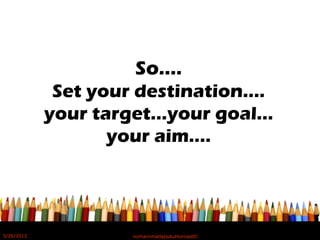 So….
Set your destination….
your target…your goal…
your aim.…
5/20/2012 norhainimatlajisAuthorisedIC
 