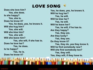 LOVE SONG
Does she love him?
Yes, she does.
Is she happy?
Yes, she is.
Does he know it?
Yes, he does, yes, he knows it.
Will she hug him?
Yes, she will.
Will she kiss him?
Yes, she will.
Will she leave him?
Yes, she will, if she has to.
Does he love her?
Yes, he does.
Is he happy?
Yes, he is.
Does he know it?
Yes, he does, yes, he knows it.
Will he hug her?
Yes, he will.
Will he kiss her?
Yes, he will.
Will he leave her?
Yes, he will, if he has to.
Are they happy?
Yes, they are.
Are they lucky?
Yes, they are.
Do they know it?
Yes, they do, yes they know it.
Will he find somebody new?
Will she find somebody too?
Yes, they will.
Yes, they will, if they have to.
5/20/2012 norhainimatlajisAuthorisedIC
 