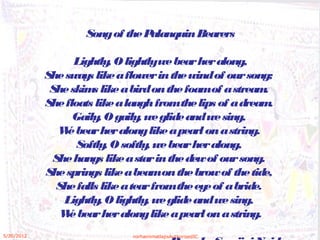 Songof thePalanquinBearers
Lightly, O lightlywebearheralong,
Shesways likeaflowerinthewindof oursong; 
Sheskims likeabirdonthefoamof astream. 
Shefloats likealaughfromthelips of adream. 
Gaily, Ogaily, weglideandwesing, 
Webearheralonglikeapearlonastring. 
Softly, Osoftly, webearheralong, 
Shehangs likeastarinthedewof oursong. 
Shesprings likeabeamonthebrowof thetide, 
Shefalls likeatearfromtheeyeof abride. 
Lightly, O lightly, weglideandwesing, 
Webearheralonglikeapearlonastring.
5/20/2012 norhainimatlajisAuthorisedIC
 