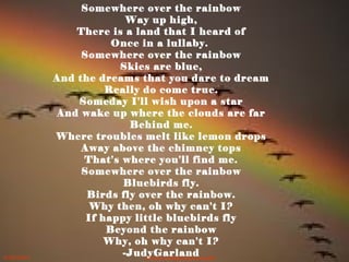 Somewhere over the rainbow
Way up high,
There is a land that I heard of
Once in a lullaby.
Somewhere over the rainbow
Skies are blue,
And the dreams that you dare to dream
Really do come true.
Someday I'll wish upon a star
And wake up where the clouds are far
Behind me.
Where troubles melt like lemon drops
Away above the chimney tops
That's where you'll find me.
Somewhere over the rainbow
Bluebirds fly.
Birds fly over the rainbow.
Why then, oh why can't I?
If happy little bluebirds fly
Beyond the rainbow
Why, oh why can't I?
-JudyGarland5/20/2012 norhainimatlajisAuthorisedIC
 
