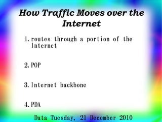How Traffic Moves over the 
        Internet
 1.routes through a portion of the
   Internet

 2.POP

 3.Internet backbone

 4.PDA
    Data Tuesday, 21 December 2010
 