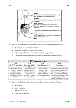 SULIT 5 1119/
© 2012 Hak Cipta BPSBPSK SULIT
6. Based on the information about digestion, which of the following statements is true?
A Gastric juice is contained in the saliva
B Digestion is completed in the small intestine
C The undigested food is permanently stored in the large intestine
D The food will pass through the small intestine before it reaches the stomach
TV2 – FRIDAY 12 JUNE
7.00 7.30 8.00 8.30
My Wife And Kids Two And A Half
Men
Gary Unmarried Catwoman
Claire teaches Michael
a lesson for jumping
to conclusions, and
Junior accidentally
gives Kady his dog’s
medicine
Charlie tries to surf
to impress Dotty,
but after he nearly
drowns, he is
convinced that he
saw his late father
Allison is upset
when her new
friend Sophie
prefers spending
time with Gary than
her
Halle Berry doesn’t need help
from Batman this time. Yet
it’s not clear if she is good or
evil. This once artist turned
superhero gets involved in a
conspiracy at work and
trouble follows this cat’s tail
7. Based on the TV Guide above, a person who likes an action movie should watch
A Catwoman
B Gary Unmarried
C My Wife and Kids
D Two And A Half Men
 