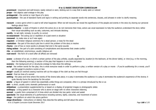 K to 12 BASIC EDUCATION CURRICULUM
K to 12 English Curriculum Guide December 2013 Page 168 of 170
prominent - important and well-known; easily noticed or seen; sticking out in a way that is easily seen or noticed
props – the objects used onstage in the play
protagonist – the central or main figure of a story
punctuation – the use of standard marks and signs in writing and printing to separate words into sentences, clauses, and phrases in order to clarify meaning
R
recount - a story genre which is used to tell what happened. When we tell recounts we reveal the significance of the people and events in the story by sharing our personal
feelings about them.
readers theatre – a style of theatre in which the actors do or do not memorize their lines; actors use vocal expression to help the audience understand the story rather
than visual storytelling such as sets, costumes, and intricate blocking
rectify - to set right; remedy; to purify; to correct
re-enactment - the acting out or repetition of a past event or situation
renewed - to make new or as if new again
requiem - a Christian religious ceremony for a dead person; a mass for the dead
resolution - the part of the story‟s plot line in which the problem of the story is resolve
rhyme - one of two or more words or phrases that end in the same sounds
rising action - the part of a plot consisting of complications and discoveries that create conflict
rite - an established, ceremonious, usually religious act
root word – the form of a word after all affixes are removed
S
scene - a division of an act, in which a certain portion of the play unfolds, usually separated by location (in the bedroom, at the dinner table), or time (e.g. in the morning,
then the following evening); a section of the play that happens in one time and place
scenery – the background art or structures onstage to help show the settings
script - the written words for the play; this is what everyone reads in order to perform a play; a written version of a play or movie - If you're auditioning for a movie, you'll
get the script to practice a scene or two.
serger- usually an overlock sewing machine will cut the edges of the cloth as they are fed through
sestet - final six lines of a sonnet
setting - the place and time where the events of the drama take place; in a play it dominates the audience in a play it dominates the audience's experience of the drama; it
quite literally forms the backdrop for the action
simile - a figure of speech in which two essentially unlike things are compared, often in a phrase introduced by like or as
skit – a short, usually comic dramatic performance or work
slideshow - a presentation supplemented by or based on a display of projected images or photographic slides
soliloquy - a long speech by a character who is alone on stage with no other characters listening
sonnet - a poetic form comprised of 14 lines which are divided into two parts: octet and sestet
spectacle- the visual elements of a performance including scenery, lights, costumes, and movement of actors
stage – the platform on which the actors perform
stage directions – instructions (in italics); they describe the setting and tell about the action
 
