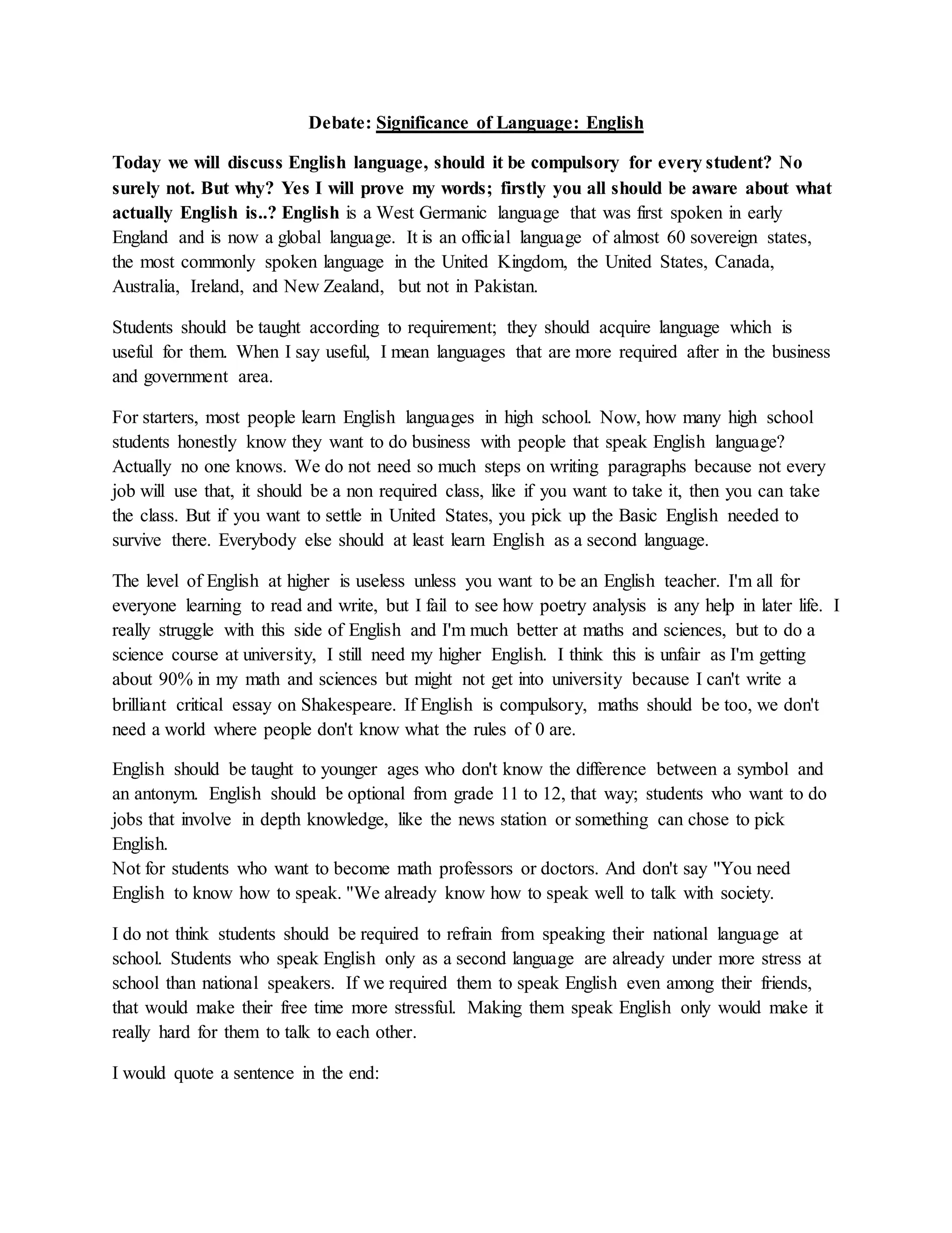 Topic: Significance Of English Language | DOCX