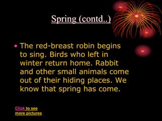 Spring (contd..)
• The red-breast robin begins
to sing. Birds who left in
winter return home. Rabbit
and other small animals come
out of their hiding places. We
know that spring has come.
Click to see
more pictures
 