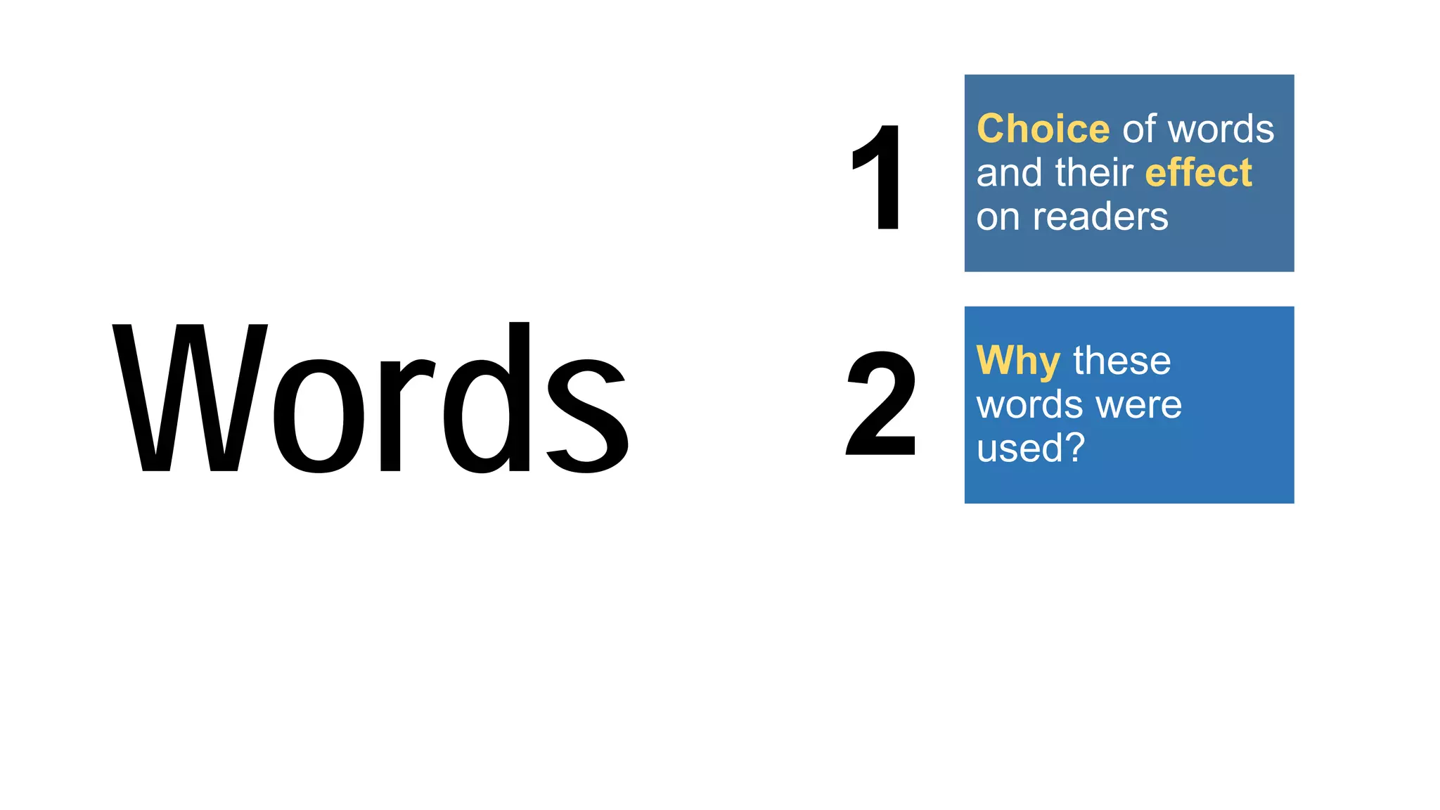 Words
Choice of words
and their effect
on readers
Why these
words were
used?
1
2
 