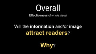 Overall
Effectiveness of whole visual
Will the information and/or image
attract readers?
Why?