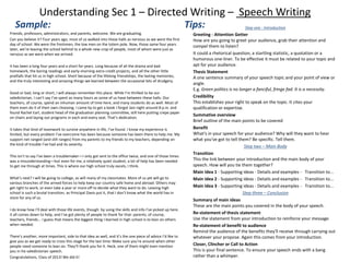 Understanding Sec 1 – Directed Writing – Speech Writing
Sample:
Friends, professors, administrators, and parents, welcome. We are graduating.
Can you believe it? Four years ago, most of us walked into these halls as nervous as we were the first
day of school. We were the freshmen, the low men on the totem pole. Now, those same four years
later, we’re leaving the school behind to a whole new crop of people, most of whom were just as
nervous as we were when we arrived.
It has been a long four years and a short for years. Long because of all the drama and bad
homework, the boring readings and early-morning extra credit projects, and all the other little
pratfalls that hit us in high school. Short because of the lifelong friendships, the lasting memories,
and the truly interesting and amazing things we learned between the occasional bits of drudgery.
Good or bad, long or short, I will always remember this place. While I’m thrilled to be our
valedictorian, I can’t say I’ve spent as many hours as some of us have between these halls: Our
teachers, of course, spend an inhuman amount of time here, and many students do as well. Most of
them even do it of their own choosing. I came by to get a book I forgot last night around 8 p.m. and
found Rachel Earl, student head of the graduation planning committee, still here putting crepe paper
on chairs and laying out programs in each and every seat. That’s dedication.
It takes that kind of teamwork to survive anywhere in life, I’ve found. I know my experience is
limited, but every problem I’ve overcome has been because someone has been there to help me. My
support net ranged (and still ranges) from my parents to my friends to my teachers, depending on
the kind of trouble I’ve had and its severity.
This isn’t to say I’ve been a troublemaker—I only got sent to the office twice, and one of those times
was a misunderstanding—but even for me, a relatively quiet student, a lot of help has been needed
to get me through at times. This is where our high school truly excels, I think.
What’s next? I will be going to college, as will many of my classmates. More of us yet will go to
various branches of the armed forces to help keep our country safe home and abroad. Others may
get right to work, or even take a year or more off to decide what they want to do. Leaving high
school is such a brutal transition, as Principal Davis put it, that I don’t know what the world has in
store for any of us.
I do know how I’ll deal with those life events, though: by using the skills and info I’ve picked up here.
It all comes down to help, and I’ve got plenty of people to thank for that: parents, of course,
teachers, friends... I guess that means the biggest thing I learned in high school is to lean on others
when needed.
There’s another, more important, side to that idea as well, and it’s the one piece of advice I’d like to
give you as we get ready to cross this stage for the last time: Make sure you’re around when other
people need someone to lean on. They’ll thank you for it. Heck, one of them might even mention
you in his valedictorian speech.
Congratulations, Class of 2013! We did it!
Tips: Step one - Introduction
Greeting - Attention Getter
How are you going to greet your audience, grab their attention and
compel them to listen?
It could a rhetorical question, a startling statistic, a quotation or a
humorous one-liner. To be effective it must be related to your topic and
apt for your audience.
Thesis Statement
A one sentence summary of your speech topic and your point of view or
angle.
E.g. Green politics is no longer a fanciful, fringe fad. It is a necessity.
Credibility
This establishes your right to speak on the topic. It cites your
qualification or expertise.
Summative overview
Brief outline of the main points to be covered
Benefit
What's in your speech for your audience? Why will they want to hear
what you've got to tell them? Be specific. Tell them.
Step two – Main Body
Transition
This the link between your introduction and the main body of your
speech. How will you tie them together?
Main Idea 1 - Supporting ideas - Details and examples - Transition to...
Main Idea 2 - Supporting ideas - Details and examples - Transition to...
Main Idea 3 - Supporting ideas - Details and examples - Transition to...
Step three – Conclusion
Summary of main ideas
These are the main points you covered in the body of your speech.
Re-statement of thesis statement
Use the statement from your introduction to reinforce your message.
Re-statement of benefit to audience
Remind the audience of the benefits they'll receive through carrying out
whatever your propose. Again this comes from your introduction.
Closer, Clincher or Call to Action
This is your final sentence. To ensure your speech ends with a bang
rather than a whimper.
 