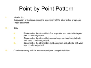 Point-by-Point Pattern
I. Introduction
Explanation of the issue, including a summary of the other side’s arguments
Thesis statement
II. Body
A. Statement of the other side’s first argument and rebuttal with your
own counter argument.
B. Statement of the other side’s second argument and rebuttal with
your own counter argument.
C. Statement of the other side’s third argument and rebuttal with your
own counter argument.
III. Conclusion - may include a summary of your own point of view
 