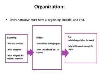Organization:
• Every narrative must have a beginning, middle, and end.
 