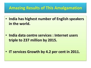 Amazing Results of This AmalgamationIndia has highest number of English speakers in the world. India data centre services : Internet users triple to 237 million by 2015.IT services Growth by 4.2 per cent in 2011.