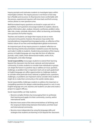 Inquiry prompts and motivates students to investigate topics within
meaningful contexts. The inquiry process is not linear or lock-step
but is flexible and recursive. As they become more comfortable with
the process, experienced inquirers will move back and forth among
various phases as new questions arise.
Well-formulated inquiry questions are broad in scope and rich in
possibilities. Such questions encourage students to explore, observe,
gather information, plan, analyze, interpret, synthesize, problem solve,
take risks, create, conclude, document, reflect on learning, and develop
new questions for further inquiry.
Teachers and students can begin their inquiry at one or more
curriculum entry points; however, the process may evolve into
transdisciplinary integrated learning opportunities, as reflective of the
holistic nature of our lives and interdependent global environment.
An important part of any inquiry process is students’ reflection on
their learning and the documentation needed to assess the learning
and make it visible to students. Student documentation of the inquiry
process in English language arts may take the form of reflective
journals, notes, drafts, three-dimensional models, works of art,
photographs, and video footage.
Social responsibility encourages students to extend their learning
beyond the classroom into the local, national, and international
community. It invites students to consider how individuals or groups
can shape the future in a positive way or address an issue, question,
challenge, or problem that is important. Each unit at each grade level
in English language arts offers opportunities to challenge students
to consider what particular local, national, or global issues, questions,
challenges, or problems are important and to consider what students
might do to make their community or the world a better place.
Social responsibility challenges students to address the important or
compelling questions for deeper understanding posed in a unit. In any
English language arts unit, teachers and students can plan and create a
project to support efficacy.
Social responsibility can help students:
  • Become complex thinkers by encouraging them to synthesize
    their learning and apply it to their community, country, and/or
    international world.
  • Become more aware of the interconnectedness of all things and
    the reciprocal relationships between themselves and their local
    and international community.
  • Become more independent by using the language skills and
    strategies that students are learning in ELA beyond the classroom.




English Language Arts 2                                                     25
 