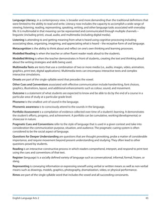 Language Literacy, in a contemporary view, is broader and more demanding than the traditional definitions that
were limited to the ability to read and write. Literacy now includes the capacity to accomplish a wide range of
viewing, listening, reading, representing, speaking, writing, and other language tasks associated with everyday
life. It is multimodal in that meaning can be represented and communicated through multiple channels –
linguistic (including print), visual, audio, and multimedia (including digital media).
Listening is attending to and getting meaning from what is heard using cognitive processing including
associating ideas, organizing, imagining, and appreciating what is heard – the receptive form of oral language.
Metacognition is the ability to think about and reflect on one’s own thinking and learning processes.
Modelled Reading is when the teacher or other fluent reader reads aloud to the students.
Modelled Writing is when the teacher demonstrates in front of students, creating the text and thinking aloud
about the writing strategies and skills being used.
Multimedia Texts are texts that use a combination of two or more media (i.e., audio, images, video, animation,
graphics, print text, digital applications). Multimedia texts can encompass interactive texts and complex
interactive simulations.
Onsets are part of the single-syllable word that precedes the vowel.
Other Cues and Conventions associated with effective communication include handwriting, font choices,
graphics, illustrations, layout, and additional enhancements such as colour, sound, and movement.
Outcome is a statement of what students are expected to know and be able to do by the end of a course in a
particular area of study at a particular grade level.
Phoneme is the smallest unit of sound in the language.
Phonemic awareness is to consciously attend to the sounds in the language.
Portfolio Assessment is a compilation of evidence collected over time of a student’s learning. It demonstrates
the student’s efforts, progress, and achievement. A portfolio can be cumulative, working/developmental, or
showcase in nature.
Pragmatic Cues and Conventions refer to the style of language that is used in a given context and take into
consideration the communication purpose, situation, and audience. The pragmatic cueing system is often
considered to be the social aspect of language.
Questions for Deeper Understanding are questions that are thought provoking, probe a matter of considerable
importance, and require movement beyond present understanding and studying. They often lead to other
questions posed by students.
Reading is an interactive-constructive process in which readers comprehend, interpret, and respond to print text
using the cues and conventions of that text.
Register (language) is a socially defined variety of language such as conversational, informal, formal, frozen, or
slang.
Representing is conveying information or expressing oneself using verbal or written means as well as non-verbal
means such as drawings, models, graphics, photography, dramatization, video, or physical performance.
Rimes are part of the single syllable word that includes the vowel and all succeeding consonants.




English Language Arts 2                                                                                              45
 