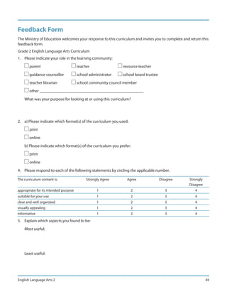 Feedback Form
The Ministry of Education welcomes your response to this curriculum and invites you to complete and return this
feedback form.
Grade 2 English Language Arts Curriculum
1. Please indicate your role in the learning community:

       parent                          teacher                 resource teacher

       guidance counsellor             school administrator    school board trustee

       teacher librarian               school community council member

       other ___________________________________________________

    What was your purpose for looking at or using this curriculum?




2. a) Please indicate which format(s) of the curriculum you used:

       print

       online

    b) Please indicate which format(s) of the curriculum you prefer:

       print

       online

4. Please respond to each of the following statements by circling the applicable number.

The curriculum content is:                  Strongly Agree       Agree                Disagree     Strongly
                                                                                                   Disagree
appropriate for its intended purpose              1                    2                 3             4
suitable for your use                             1                    2                 3             4
clear and well organized                          1                    2                 3             4
visually appealing                                1                    2                 3             4
informative                                       1                    2                 3             4
5. Explain which aspects you found to be:

    Most useful:




    Least useful:




English Language Arts 2                                                                                       49
 