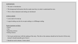 EXPOSITION
• The start or introduction
• The background information that the reader must have in order to understand the story
• This is where characters and setting are introduced
CONCLUSION
• Loose ends to be tied up
• Logical ending can also be an open ending or a cliffhanger ending
Frame questions on these:
• Theme
• Title
• Beginning sentence
• Ending sentence
• Not to get carried away with the making of the story. The title or the sentence should not be forced to fit the story
instead it should naturally grow from it.
• Should not end in dreams. Unless asked.
 