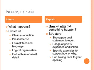 INFORM, EXPLAIN
 What happens?
 Structure
 Clear introduction.
 Present tense.
 Formal/ technical
language.
 Logical organisation.
 End with an unusual
detail.
 How or why did
something happen?
 Structure
 Strong personal
statement to open.
 Range of points
expanded and linked.
 Specific examples to
support how or why.
 End linking back to your
opening.
Inform Explain
 