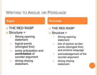 WRITING TO ARGUE OR PERSUADE
 THE RED RASP
 Structure =
1. Strong opening
statement
2. logical points
(strongest first)
3. some anticipation and
annihilation of
counter-argument
4. strong closing
statement.
 THE RED RASP
 Structure =
1. Strong opening
statement
2. lots of opinion as fact
points (strongest first)
and emotive language
3. acknowledgement of the
counter-argument
4. strong closing
statement.
Argue Persuade
 