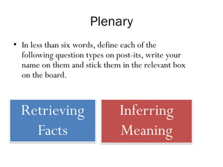 Plenary
• In less than six words, define each of the
following question types on post-its, write your
name on them and stick them in the relevant box
on the board.
Retrieving
Facts
Inferring
Meaning
 
