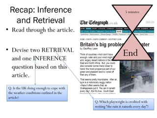 Recap: Inference
and Retrieval
• Read through the article.
• Devise two RETRIEVAL
and one INFERENCE
question based on this
article.
Q:Which playwright is credited with
writing “the rain it raineth every day”?
Q: Is the UK doing enough to cope with
the weather conditions outlined in the
article?
5 minutes
End
 