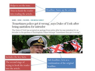 Headline: Sums up the article.
Helps to set the tone.
Tries to hook the reader
into reading the article.
Sub-headline:Acts as a
continuation of the original
headline.
Includes the key facts.
The second stage of
trying to hook the reader
into the article.
 