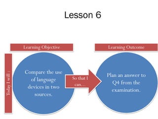 Lesson 6
Compare the use
of language
devices in two
sources.
Plan an answer to
Q4 from the
examination.
So that I
can...
Learning Objective
TodayIwill:
Learning Outcome
 