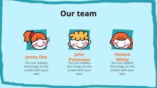 Our team
Jenna Doe
You can replace
the image on the
screen with your
own
Helena
White
You can replace
the image on the
screen with your
own
John
Patterson
You can replace
the image on the
screen with your
own
 