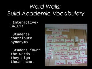 •Interactive-
DAILY!
•Students
contribute
synonyms
•Student “own”
the words--
they sign
their name.
Word Walls:
Build Academic Vocabulary
 