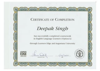 English Language Learners Graduate Certificate of Deepak (Danny) Singh