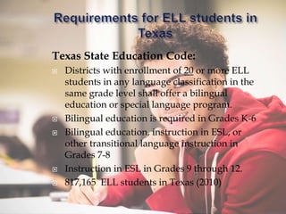 Texas State Education Code:
 Districts with enrollment of 20 or more ELL
students in any language classification in the
same grade level shall offer a bilingual
education or special language program.
 Bilingual education is required in Grades K-6
 Bilingual education, instruction in ESL, or
other transitional language instruction in
Grades 7-8
 Instruction in ESL in Grades 9 through 12.
 817,165 ELL students in Texas (2010)
 