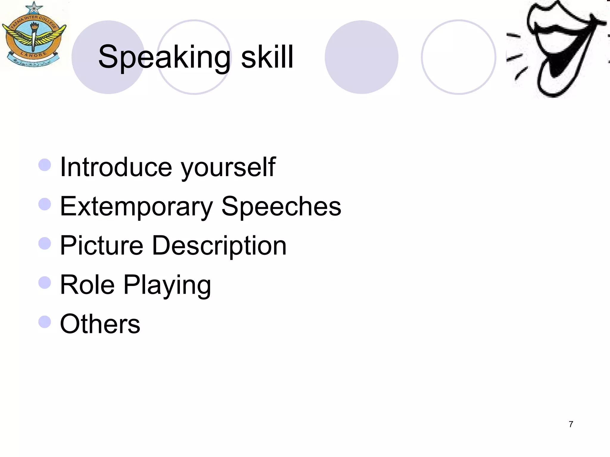 Speaking skill Introduce yourself Extemporary Speeches Picture Description Role Playing Others