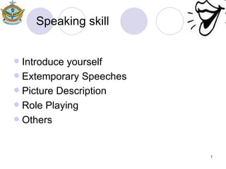 Speaking skill Introduce yourself Extemporary Speeches Picture Description  Role Playing Others 