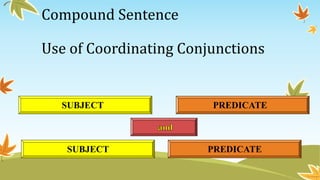 Compound Sentence 
Use of Coordinating Conjunctions 
SUBJECT PREDICATE 
SUBJECT PREDICATE 
 