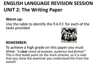 ENGLISH LANGUAGE REVISION SESSION
UNIT 2: The Writing Paper
Warm up:
Use the table to identify the P.A.F.F. for each of the
tasks provided
REMEMBER:
To achieve a high grade on this paper you must
show: “a clear sense of purpose, audience and format”
This is first bullet point on the mark scheme, so it is vital
that you show the examiner you understand this from the
outset!
 