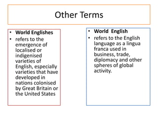 Other TermsWorld  Englishrefers to the English language as a lingua franca used in business, trade, diplomacy and other spheres of global activity.World Englishesrefers to the emergence of localised or indigenisedvarieties of English, especially varieties that have developed in nations colonised by Great Britainor the United States