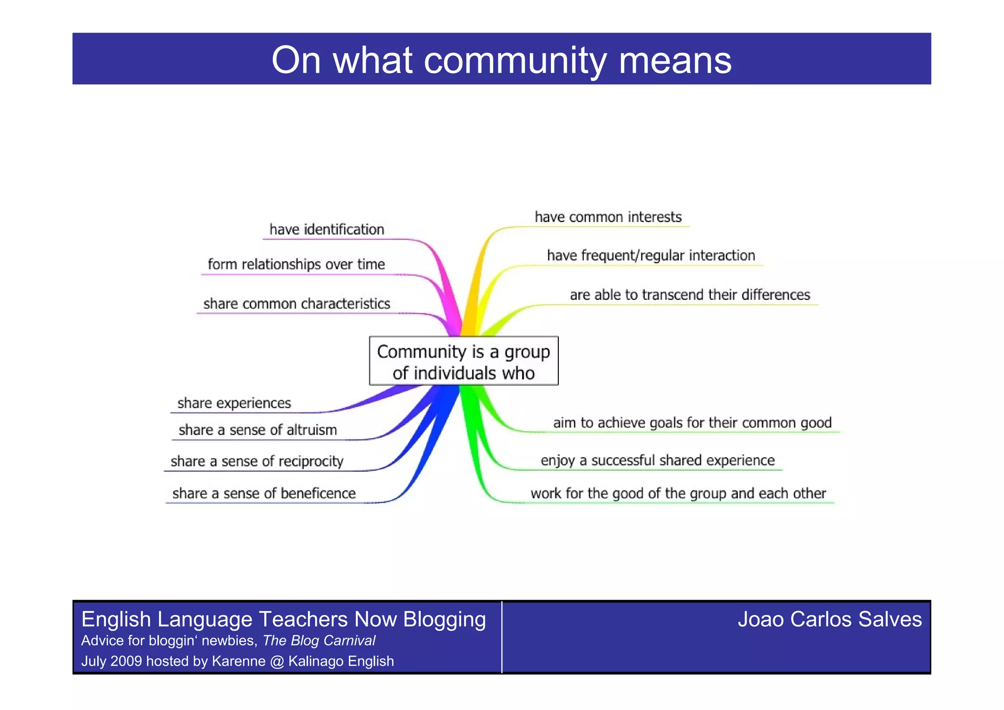 On what community means




English Language Teachers Now Blogging               Joao Carlos Salves
Advice for bloggin‘ newbies, The Blog Carnival
July 2009 hosted by Karenne @ Kalinago English
 