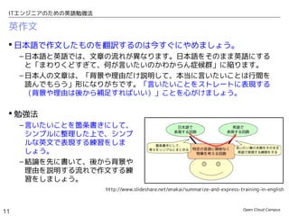 Open Cloud Campus
11
ITエンジニアのための英語勉強法
英作文
 日本語で作文したものを翻訳するのは今すぐにやめましょう。
– 日本語と英語では、文章の流れが異なります。日本語をそのまま英語にする
と「まわりくどすぎて、何が言いたいのかわからん症候群」に陥ります。
– 日本人の文章は、「背景や理由だけ説明して、本当に言いたいことは行間を
読んでもらう」形になりがちです。「言いたいことを最初にまとめてスト
レートに表現する（背景や理由は後から補足すればいい）」ことを心がけま
しょう。
 勉強法
– 言いたいことを箇条書きにして、
シンプルに整理した上で、シンプ
ルな英文で表現する練習をしま
しょう。
– 結論を先に書いて、後から背景や
理由を説明する流れで作文する練
習をしましょう。
http://www.slideshare.net/enakai/summarize-and-express-training-in-english
 