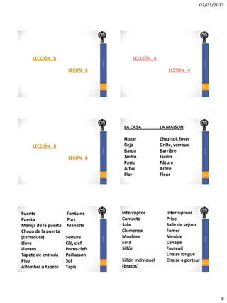 02/03/2013




     LECCIÓN 6                                      LECCIÓN 4




                                    DR. JCDT




                                                                                         DR. JCDT
                       LEÇON 6                                         LESSON 4


                                    43                                                   44




                                                LA CASA            LA MAISON

                                                Hogar              Chez-soi, foyer
     LECCIÓN 8                                  Reja               Grille, verroux
                                                Barda              Barrière
                                    DR. JCDT




                                                                                         DR. JCDT
                       LEÇON 8                  Jardín             Jardin
                                                Pasto              Pâture
                                                Árbol              Arbre
                                    45          Flor               Fleur                 46




Fuente                Fontaine                 Interruptor            Interrupteur
Puerta                Port                     Contacto               Prise
Manija de la puerta   Manette                  Sala                   Salle de séjour
Chapa de la puerta                             Chimenea               Fumer
(cerradura)           Serrure                  Muebles                Meuble
                                    DR. JCDT




                                                                                         DR. JCDT




Llave                 Clé, clef                Sofá                   Canapé
Llavero               Porte-clefs              Sillón                 Fauteuil
Tapete de entrada     Paillasson                                      Chaise longue
Piso                  Sol           47
                                               Sillón individual      Chaise à porteur   48

Alfombra o tapete     Tapis                    (brazos)




                                                                                                    8
 
