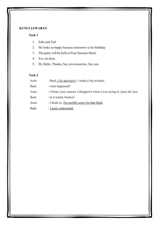 KUNCI JAWABAN
Task 1
1.

John and Ted

2.

He looks so happy because tomorrow is his birthday

3.

The party will be held at Four Seasons Hotel.

4.

Yes, he does.

5.

Hi, Hello, Thanks, See you tomorrow, See you

Task 2
Amir

: Budi, I do apologize. I made a big mistake.

Budi

: what happened?

Amir

: I broke your camera. I dropped it when I was trying to clean the lens.

Budi

: Is it totally broken?

Amir

: I think so. I'm terribly sorry for that Budi.

Budi

: I quite understand.

 