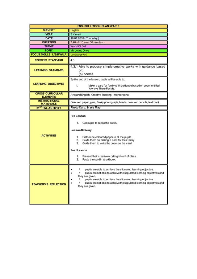 English lesson plan year 3 | PDF