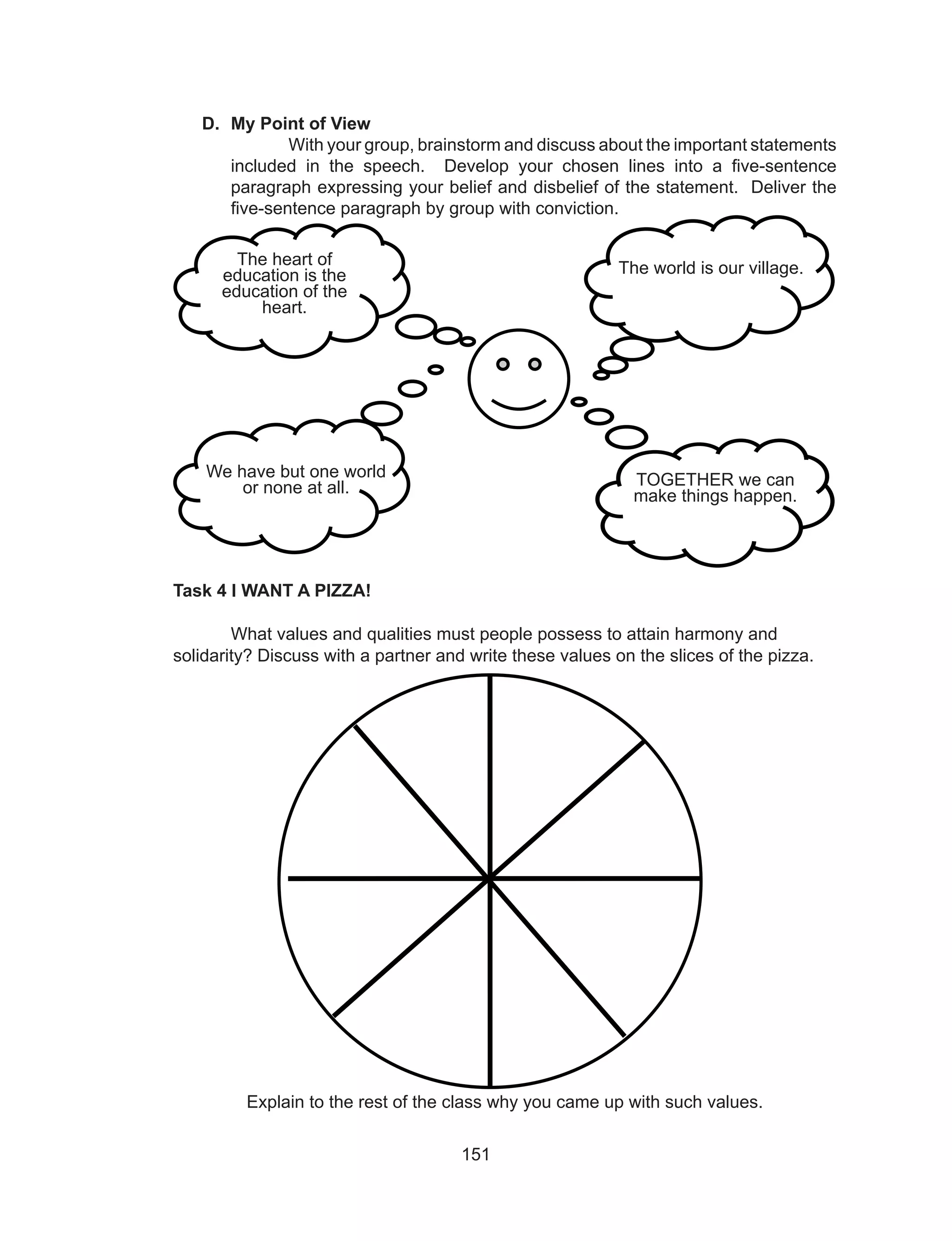 151
D.	 My Point of View
With your group, brainstorm and discuss about the important statements
included in the speech. Develop your chosen lines into a five-sentence
paragraph expressing your belief and disbelief of the statement. Deliver the
five-sentence paragraph by group with conviction.
Task 4 I WANT A PIZZA!
	 What values and qualities must people possess to attain harmony and
solidarity? Discuss with a partner and write these values on the slices of the pizza.
Explain to the rest of the class why you came up with such values.
The world is our village.
TOGETHER we can
make things happen.
We have but one world
or none at all.
The heart of
education is the
education of the
heart.
 