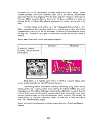 209
descriptive account of twenty-seven of these pilgrims, including a Knight, Squire,
Yeoman, Prioress, Monk, Friar, Merchant, Clerk, Man of Law, Franklin, Haberdasher,
Carpenter, Weaver, Dyer, Tapestry-Weaver, Cook, Shipman, Physician, Wife, Parson,
Plowman, Miller, Manciple, Reeve, Summoner, Pardoner, and Host. (He does not
describe the Second Nun or Nun’s Priest, although both characters appear later in the
book).
	 The Host, whose name we find out in the Prologue to the Cook’s Tale is Harry
Bailey, suggests that the group ride together and entertain one another with stories.
He decides that each pilgrim will tell two stories on the way to Canterbury and two on
the way back. Whomever he judges to be the best storyteller will receive a meal at
Bailey’s.
Source: www.m.sparknotes.com/lit/canterbury/summary.html
Similarities Differences
Canterbury Tales of
Geoffrey Chaucer and the
Decameron
	 Ibong Adarna is a mythical story, formed in narrative song and poetry called
corrido and considered a big part of Philippine literature.
	 This amazing folklore is about love, sacrifice, and fantasy. Ibong Adarna literally
means Adarna bird. The story centers about catching the mythical bird that possesses
magical powers. The Adarna bird is so beautiful and could change in a lot of stunning
forms. It is very much hard to catch. It knows a total of seven songs which could either
enchant anyone to sleep, turn into stone or heal a deadly sickness. Which is why the
almost dying King Fernando of Berbania tasked his three sons to catch the magical
bird. That’s where the story begins.
Source: http://twentyfive.hubpages.com/hub/Ibong-Adarna-Summary-English-and-Tagalog-
Versions
 