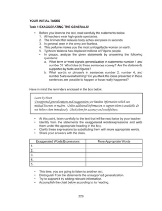 229
YOUR INITIAL TASKS
Task 1 EXAGGERATING THE GENERALS!
•	 Before you listen to the text, read carefully the statements below.
1.	 All teachers wear high-grade spectacles.
2.	 The liniment that relieves body aches and pains in seconds
3.	 In general, men in the army are fearless.
4.	 This perfume makes you the most unforgettable woman on earth.
5.	 Typhoon Yolanda has displaced millions of Filipino people.
•	 In groups, analyze the given statements by answering the following
questions:
a.	 What term or word signals generalization in statements number 1 and
number 3? What idea do these sentences convey? Are the statements
supported by facts and figures?
b.	 What word/s or phrase/s in sentences number 2, number 4, and
number 5 are overwhelming? Do you think the ideas presented in these
sentences are possible to happen or have really happened?
Have in mind the reminders enclosed in the box below.
•	 At this point, listen carefully to the text that will be read twice by your teacher.
•	 Identify from the statements the exaggerated words/expressions and write
them under the appropriate heading in the box.
•	 Clarify these expressions by substituting them with more appropriate words.
•	 Share your answers with the class.
Exaggerated Words/Expressions More Appropriate Words
1.
2.
3.
4.
5.
•	 This time, you are going to listen to another text.
•	 Distinguish from the statements the unsupported generalization.
•	 Try to support it by adding relevant information.
•	 Accomplish the chart below according to its heading.
Learn by Heart
Unsupported generalizations and exaggerations are baseless information which can
mislead listeners or readers. Unless additional information to support them is available, do
not believe them immediately. Check them for accuracy and truthfulness.
 