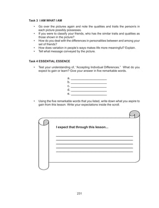231
Task 3 I AM WHAT I AM
•	 Go over the pictures again and note the qualities and traits the person/s in
each picture possibly possesses.
•	 If you were to classify your friends, who has the similar traits and qualities as
those shown in the picture?
•	 How do you deal with the differences in personalities between and among your
set of friends?
•	 How does variation in people’s ways makes life more meaningful? Explain.
•	 Tell what message conveyed by the picture.
Task 4 ESSENTIAL ESSENCE
•	 Test your understanding of, “Accepting Individual Differences.” What do you
expect to gain or learn? Give your answer in five remarkable words. 		
				
				a. ____________________
				b. ____________________
				c. ____________________
				d. ____________________
				e. ____________________
•	 Using the five remarkable words that you listed, write down what you aspire to
gain from this lesson. Write your expectations inside the scroll.
I expect that through this lesson...
___________________________________________
___________________________________________
___________________________________________
___________________________________________
___________________________________________
 