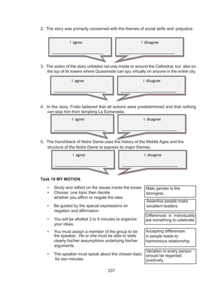 237
2. The story was primarily concerned with the themes of social strife and 	prejudice.
3. The action of the story unfolded not only inside or around the Cathedral, but also on
the top of its towers where Quasimodo can spy virtually on anyone in the entire city.
4. In the story, Frollo believed that all actions were predetermined and that nothing
can stop him from tempting La Esmeralda.
5. The Hunchback of Notre Dame uses the history of the Middle Ages and the
structure of the Notre Dame to express its major themes.
Task 10 MY MOTION
•	 Study and reflect on the issues inside the boxes
•	 Choose one topic then decide
	 whether you affirm or negate the idea.
•	 Be guided by the special expressions on
	 negation and affirmation.
•	 You will be allotted 3 to 5 minutes to organize
	 your ideas.
•	 You must assign a member of the group to be
	 the speaker. He or she must be able to state 					
	 clearly his/her assumptions underlying his/her 					
	arguments.
•	 The speaker must speak about the chosen topic 					
for two minutes.					
Male gender is the
strongest.
Assertive people make
excellent leaders.
Differences in individuality
are something to celebrate.
Accepting differences
in people leads to
harmonious relationship.
Variation in every person
should be regarded
positively.
I agree
_________________________
I disagree
___________________________
I agree
_________________________
I disagree
___________________________
I agree
_________________________
I disagree
___________________________
I agree
_________________________
I disagree
___________________________
 