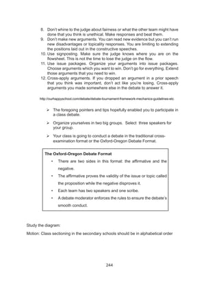 244
	 http://ourhappyschool.com/debate/debate-tournament-framework-mechanics-guidelines-etc
	The foregoing pointers and tips hopefully enabled you to participate in
a class debate.
	Organize yourselves in two big groups. Select three speakers for
your group.
	Your class is going to conduct a debate in the traditional cross-
examination format or the Oxford-Oregon Debate Format.
Study the diagram:
Motion: Class sectioning in the secondary schools should be in alphabetical order
8.	 Don’t whine to the judge about fairness or what the other team might have
done that you think is unethical. Make responses and beat them.
9.	 Don’t make new arguments. You can read new evidence but you can’t run
new disadvantages or topicality responses. You are limiting to extending
the positions laid out in the constructive speeches.
10.	Use signposting. Make sure the judge knows where you are on the
flowsheet. This is not the time to lose the judge on the flow.
11.	Use issue packages. Organize your arguments into issue packages.
Choose arguments which you want to win. Don’t go for everything. Extend
those arguments that you need to win.
12.	Cross-apply arguments. If you dropped an argument in a prior speech
that you think was important, don’t act like you’re losing. Cross-apply
arguments you made somewhere else in the debate to answer it.
The Oxford-Oregon Debate Format
•	 There are two sides in this format: the affirmative and the
negative.
•	 The affirmative proves the validity of the issue or topic called
the proposition while the negative disproves it.
•	 Each team has two speakers and one scribe.
•	 A debate moderator enforces the rules to ensure the debate’s
smooth conduct.
 