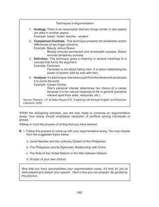 260
With the aforegoing activities, you are now ready to compose an argumentative
essay. Your essay should emphasize resolution of conflicts among individuals or
groups.	
Keep in mind the process of writing that you have learned.
B. 1. Follow this process to come up with your argumentative essay. You may choose
from the suggested topics below.
a. Janet Napoles and the Judiciary System of the Philippines
b. The Philippines and Its Diplomatic Relationship with China
c. The Role of the United Nations in the War between Nations
d. (A topic of your own choice)
Now that you have accomplished your argumentative essay, it’s time for you to
start preparing to deliver your speech. Here’s how you can prepare. Be guided by
the process.
Techniques in Argumentation
1.	Analogy. There is an assumption that two things similar in one aspect
are alike in another aspect. 							
Example: bread : butter; teacher : student
2.	Comparison-Contrast. This technique presents the similarities and/or
differences of two major concerns.
Example: Beauty versus Brawn.
Beauty ensures permanent and remarkable success, Brawn
ensures temporary success.
3.	 Definition. This technique gives a meaning or several meanings to a
concept that forms the argument.
Example: Feminism
Feminism is not about hating men. It is about celebrating the
power of women side by side with men.
4.	Analysis. It’s a technique that takes a part from the whole and scrutinizes
it to prove the point.
Example: Career Choice
One’s personal interest determines her choice of a career
because it is her natural response to life in general (personal
interest apart from skills, resources, etc.)
Source: Romero, J.P. & Delos Reyes A.D., Exploring Life through English and American
Literature, 2004
 