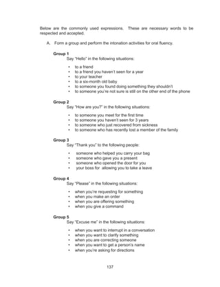 137
Below are the commonly used expressions. These are necessary words to be
respected and accepted.
A.	 Form a group and perform the intonation activities for oral fluency.
Group 1	
		 Say “Hello” in the following situations:
•	 to a friend
•	 to a friend you haven’t seen for a year
•	 to your teacher
•	 to a six-month old baby
•	 to someone you found doing something they shouldn’t
•	 to someone you’re not sure is still on the other end of the phone
Group 2
		 Say “How are you?” in the following situations:
•	 to someone you meet for the first time
•	 to someone you haven’t seen for 3 years
•	 to someone who just recovered from sickness
•	 to someone who has recently lost a member of the family
Group 3
		 Say “Thank you” to the following people:
•	 someone who helped you carry your bag
•	 someone who gave you a present
•	 someone who opened the door for you
•	 your boss for allowing you to take a leave
Group 4
		Say “Please” in the following situations:
•	 when you’re requesting for something
•	 when you make an order
•	 when you are offering something
•	 when you give a command
Group 5
		Say “Excuse me” in the following situations:
•	 when you want to interrupt in a conversation
•	 when you want to clarify something
•	 when you are correcting someone
•	 when you want to get a person’s name
•	 when you’re asking for directions
 