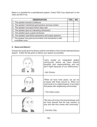 160
Below is a checklist for a well-delivered speech. Check YES if you observed it in the
video and NO if not.
OBSERVATION YES NO
1. The speaker showed confidence.
2. The speaker maintained good posture and eye contact.
3. The speaker conveyed his/her ideas well.
4. The speaker gave an interesting introduction.
5. The speaker gave a good conclusion.
6. The speaker used facial expressions and proper gestures.
7. The speaker had good pronunciation and maintained a well-
modulated voice.
C. Stand and Deliver!
Choose one quote given by famous authors and deliver a five-minute extemporaneous
speech. Follow the tips given to deliver your speech successfully.
“Let’s create an integrated global
community where we have shared
benefits and responsibilities and we
don’t fight because of our differences.”
- Bill Clinton
“When we have inner peace, we can be
at peace with those around us. When our
community is in a state of peace, it can share
that peace with neighboring communities.” 
- The Dalai Lama
“We have all known the long loneliness and
we have learned that the only solution is
love and that love comes with community.” 
- Dorothy Day
 