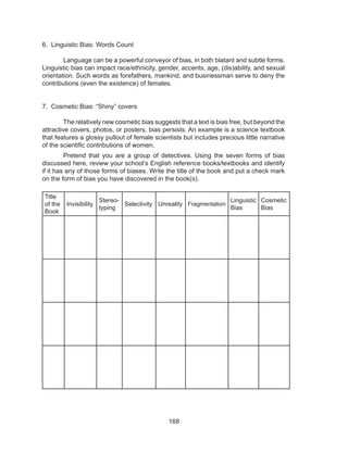 168
6. Linguistic Bias: Words Count
	 Language can be a powerful conveyor of bias, in both blatant and subtle forms.
Linguistic bias can impact race/ethnicity, gender, accents, age, (dis)ability, and sexual
orientation. Such words as forefathers, mankind, and businessman serve to deny the
contributions (even the existence) of females.
7. Cosmetic Bias: “Shiny” covers
	 The relatively new cosmetic bias suggests that a text is bias free, but beyond the
attractive covers, photos, or posters, bias persists. An example is a science textbook
that features a glossy pullout of female scientists but includes precious little narrative
of the scientific contributions of women.
	 Pretend that you are a group of detectives. Using the seven forms of bias
discussed here, review your school’s English reference books/textbooks and identify
if it has any of those forms of biases. Write the title of the book and put a check mark
on the form of bias you have discovered in the book(s).
Title
of the
Book
Invisibility
Stereo-
typing
Selectivity Unreality Fragmentation
Linguistic
Bias
Cosmetic
Bias
	
 